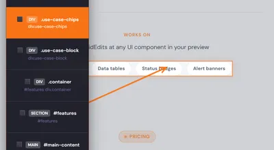 Screenshot: element inspector selecting a row of UI badges (Data tables, Status badges, Alert banners) in the preview.