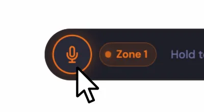 Screenshot: FluidEdits floating toolbar with the microphone control, Zone 1 badge, and hold-to-speak hint.