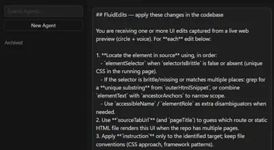 Screenshot: AI agent chat in the editor with FluidEdits instructions pasted and ready to apply.