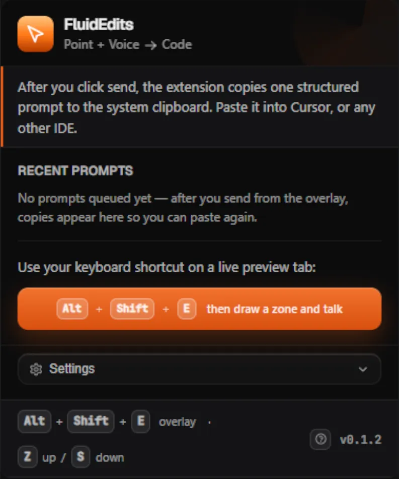 FluidEdits extension popup: Active toggle, pending count, Save settings, pending queue with edit cards and Clear all, and Alt+Shift+E shortcut.